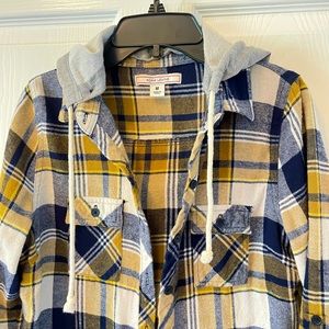 Adam Levine flannel button up hoodie yellow gold navy cream like new quality fun